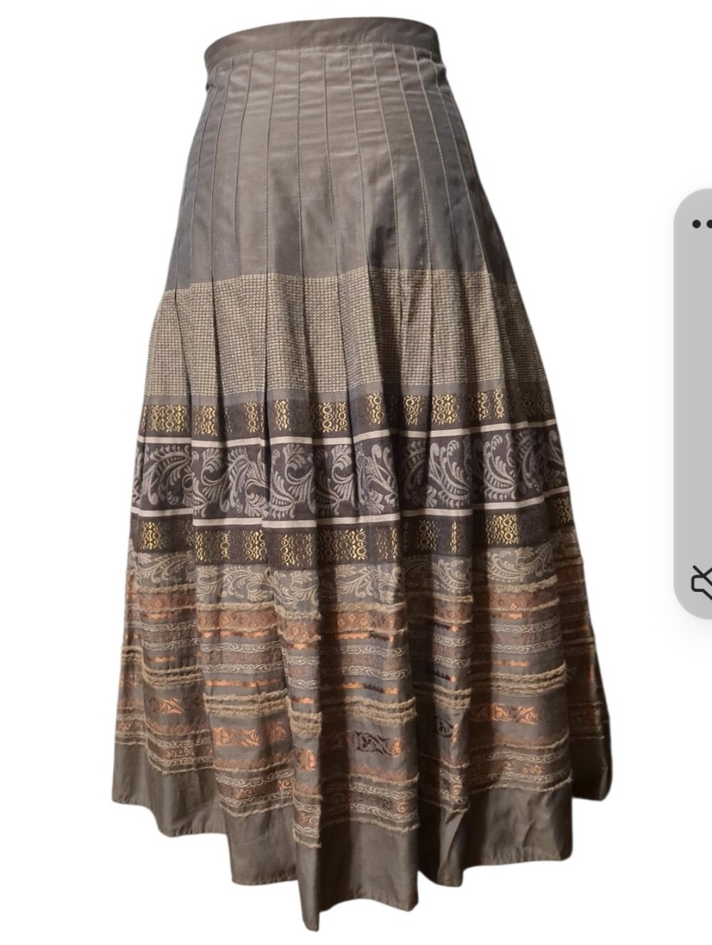 H&M Olive Green Lined Midi Skirt with Rust and Gold Patterned Bands